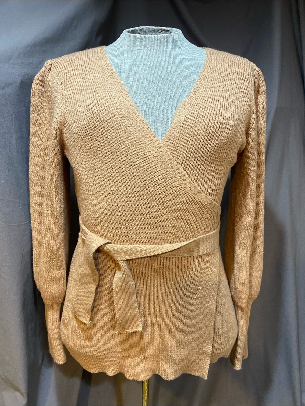 Kirundo Wrap Front Camel Sweater with Waist Tie